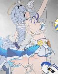  1girl absurdres aqua_eyes arm_up ass ball barefoot beach_volleyball bikini bird blue_hair bow braid braided_ponytail breasts commentary english_commentary enigmasli failure feathered_wings from_behind grey_background hair_bow halo head_wings highres honkai:_star_rail honkai_(series) jumping large_breasts long_hair looking_at_viewer looking_back low-tied_long_hair official_alternate_costume robin_(honkai:_star_rail) robin_(summeretto)_(honkai:_star_rail) sarong shoes simple_background smile solo swimsuit toes unworn_shoes very_long_hair volleyball_(object) volleyball_(sport) white_bikini white_sarong white_wings wings 