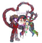  2boys black_hair black_pants black_vest brown_hair chinese_commentary commentary_request cyborg dark-skinned_male dark_skin e.g.o_(project_moon) flesh green_eyes hair_slicked_back heart heathcliff_(project_moon) highres killerohan limbus_company male_focus meursault_(project_moon) move-in_reg._(e.g.o) multiple_boys open_mouth pants project_moon screwloose_wallop_(e.g.o) shirt simple_background vest white_background white_shirt yaoi 