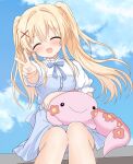  1girl :d ^_^ artistic_error back_bow blonde_hair blue_bow blue_bowtie blue_skirt blue_sky blush bow bowtie casual closed_eyes cloud commentary_request day facing_viewer feet_out_of_frame floating_hair hair_intakes hair_ornament happy high-waist_skirt highres long_hair official_alternate_costume open_mouth outdoors outstretched_arm puffy_short_sleeves puffy_sleeves shirt short_sleeves sidelocks sitting skirt sky smile solo stuffed_animal stuffed_crocodile stuffed_toy summer_pockets tsumugi_wenders umyuimui03 v very_long_hair white_shirt x_hair_ornament 