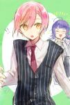  ! !! 1boy 1girl black_vest blush closed_eyes collared_shirt commentary_request cosplay crossdressing crossdressing_(ftm) glasses glowing hair_between_eyes jack_jeanne necktie neji_kokuto neji_kokuto_(cosplay) open_mouth pink_hair pinstripe_pattern pinstripe_vest red_necktie reverse_trap semi-rimless_eyewear shirt short_hair sweatdrop tachibana_kisa under-rim_eyewear vest white_shirt yellow_eyes yuhazu_(rhe-rhe) 