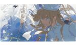  1boy androgynous bird blonde_hair blue_eyes blue_hair close-up commentary doris71704468 english_commentary epaulettes fate/grand_order fate_(series) gradient_hair highres letterboxed long_hair male_focus military_uniform multicolored_hair naval_uniform noah_(fate) noah_(first_ascension)_(fate) ship sketch solo turban upper_body watercraft white_turban 