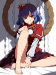  1girl barefoot commentary_request frilled_skirt frills ginkgo_leaf grin hair_ornament highres layered_sleeves leaf leaf_hair_ornament long_sleeves looking_at_viewer maple_leaf medium_hair mirror necono_(nekonosora1207) purple_hair red_eyes red_shirt red_skirt rope shide shimenawa shirt short_over_long_sleeves short_sleeves sitting skirt smile solo toes touhou yasaka_kanako 