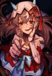  1girl absurdres animal_ears bare_shoulders blush breasts brown_hair collarbone commentary_request detached_sleeves dress ear_covers ear_ribbon gakgakg hair_between_eyes hair_ornament highres horse_ears horse_girl horse_tail long_hair looking_at_viewer multicolored_hair open_mouth red_dress red_eyes red_nails ribbon small_breasts smile solo still_in_love_(scarlet_vow_raiment)_(umamusume) still_in_love_(umamusume) streaked_hair tail umamusume veil white_streaks white_veil 