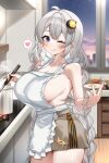  1girl absurdres ahoge alternate_costume apron bare_shoulders blue_eyes blush bracelet braid breasts brown_skirt collarbone commentary_request cooking_pot food frilled_apron frills grey_hair hair_ornament highres holding holding_plate holding_utensil indoors jewelry kitchen kizuna_akari kyusai_kuma large_breasts looking_at_viewer nail_polish nearly_naked_apron no_bra no_shirt one_eye_closed orange_nails paid_reward_available plate sideboob sidelocks silver_bracelet skirt smile solo sparkle stove sweatdrop thighs twin_braids very_long_braid voiceroid white_apron window 