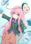  1girl bow bowtie bubble_skirt commentary_request expressionless folding_fan hand_fan hata_no_kokoro highres holding holding_fan long_hair long_sleeves looking_at_viewer mask mask_on_head noh_mask orange_skirt pink_eyes pink_hair plaid_clothes plaid_shirt purple_bow purple_bowtie shirt skirt skirt_cutout solo toriki_fukuro touhou very_long_hair 