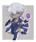  1boy aiguillette black_coat black_gloves black_pants black_shoes border buttons chibi chibi_only closed_mouth coat coat_on_shoulders collared_shirt commentary_request crossed_bangs dark-skinned_male dark_skin double-breasted drop_shadow earrings gem gloves gold_trim grey_background grey_hair hair_between_eyes hands_up highres honkai:_star_rail honkai_(series) jewelry lapels leg_up long_sleeves looking_at_viewer male_focus mismatched_earrings necktie outside_border pants purple_coat purple_eyes purple_gem purple_vest shirt shoes short_hair simple_background smile smirk solo standing standing_on_one_leg sugilite_(honkai:_star_rail) sugilite_(stoneheart's_oath_ring)_(honkai:_star_rail) sweet_love4s tassel tassel_earrings tie_clip two-sided_coat two-sided_fabric vest white_border white_shirt wing_collar yellow_necktie 