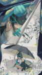  absurdres aqua_horns arknights bare_shoulders black_hair black_jacket black_shoes black_umbrella blue_hands chinese_commentary colored_extremities commentary_request cutting dragon_girl dragon_horns dragon_tail drawing_(object) dusk_(arknights) eastern_dragon_horns hair_over_one_eye highres holding holding_scissors holding_umbrella horns jacket long_hair looking_down multicolored_hair necktie off_shoulder paper pointy_ears red_eyes red_necktie scissors shirt shoes sleeveless sleeveless_shirt squatting tail umbrella white_shirt yushi_jingling 