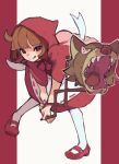  1girl :q apron bow bowtie brown_hair capelet closed_mouth commentary_request dress full_body highres holding holding_toy hood hood_up hooded_capelet leaning_forward legs_apart mary_janes nintendo_ultra_hand pantyhose pigeon-toed puyopuyo puyopuyo_quest rebecca_(puyopuyo_quest) red_background red_bow red_bowtie red_capelet red_dress red_eyes red_shoes shoes short_hair smile solo standing stuffed_wolf tongue tongue_out toy two-tone_background urolo white_apron white_background white_pantyhose 