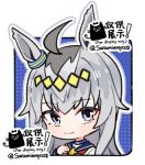  1girl ahoge animal_ears blue_eyes blue_sailor_collar blush brooch chibi closed_mouth ear_ornament grey_hair hair_between_eyes hairband horse_ears horse_girl jacket jewelry long_hair long_sleeves multicolored_hair neckerchief oguri_cap_(starlight_beat)_(umamusume) oguri_cap_(umamusume) red_neckerchief sailor_collar saramiao-chan shirt smile star_brooch umamusume upper_body white_jacket white_shirt 