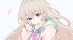  1girl 9-nine- blue_eyes bow brown_hair cardigan chest_bow closed_mouth commentary eyes_visible_through_hair hair_between_eyes hakusen_academy_school_uniform hand_up heart highres inkari kujou_miyako long_hair long_sleeves looking_at_viewer open_cardigan open_clothes pink_cardigan purple_bow school_uniform sidelocks simple_background smile solo speech_bubble split_mouth spoken_heart upper_body very_long_hair white_background 