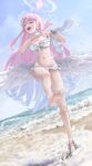  1girl absurdres angel_wings bikini blue_archive choker closed_mouth commentary feathered_wings frilled_bikini frills full_body halo highres holding holding_unworn_sandals kemeleon long_hair low_wings mika_(blue_archive) mika_(swimsuit)_(blue_archive) navel official_alternate_costume official_alternate_hairstyle pink_hair pink_halo sandals solo standing swimsuit white_bikini white_choker white_sandals white_wings wing_ornament wings 