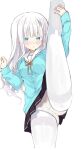  1girl aikotoba_-silver_snow_sister- aqua_cardigan ass_visible_through_thighs black_skirt blue_eyes blush_stickers brown_ribbon cardigan choppy_bangs colored_eyelashes commentary_request crotch_seam dot_nose grey_hair hair_ornament hands_up highres hoshitsugu_shirone long_hair looking_at_viewer miniskirt neck_ribbon paint_chat_(medium) panties panties_under_pantyhose pantyhose parted_lips pleated_skirt ribbon sailor_collar school_uniform serafuku simple_background skirt solo split standing standing_on_one_leg standing_split straight_hair takepoison thighband_pantyhose thighs underwear v-shaped_eyebrows white_background white_eyelashes white_panties white_pantyhose white_sailor_collar yellow_panties 