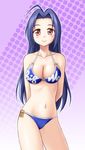  ahoge arms_behind_back bikini blue_bikini blue_hair blush breasts cleavage idolmaster idolmaster_(classic) large_breasts long_hair looking_at_viewer miura_azusa navel o-ring o-ring_bottom o-ring_top smile solo swimsuit utomo 