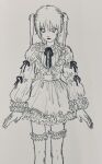  1girl absurdres arms_at_sides bags_under_eyes collared_dress dress feet_out_of_frame frilled_dress frilled_dress_collar frilled_sleeves frilled_thighhighs frills greyscale highres hise_(fox_f13) long_hair long_sleeves looking_to_the_side monochrome neck_ribbon original puffy_long_sleeves puffy_sleeves ribbon ribbon-trimmed_sleeves ribbon_trim short_dress sidelocks simple_background solo standing straight-on thighhighs traditional_media twintails 