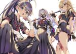  3girls anjerain bandaged_wrist bandages black_gloves black_hair black_sailor_collar black_serafuku black_shirt black_skirt blonde_hair blue_eyes breasts commentary_request delinquent fingerless_gloves from_below ganaha_hibiki gloves green_eyes highres holding holding_lead_pipe hoshii_miki idolmaster idolmaster_(classic) lead_pipe long_hair long_skirt looking_at_viewer mask miniskirt mouth_mask multiple_girls neckerchief pleated_skirt ponytail project_fairy_(idolmaster) purple_eyes red_neckerchief sailor_collar sailor_shirt school_uniform serafuku shijou_takane shirt simple_background skirt spiked_knuckles squatting standing sukeban white_background white_hair yo-yo 