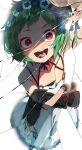  1girl absurdres bracelet broken_glass butterfly_hair_ornament commentary crazy_smile dress flat_chest flower_wreath glass green_hair hair_ornament halterneck head_wreath highres holding_limb jewelry looking_at_viewer neck_ribbon open_mouth re:zero_kara_hajimeru_isekai_seikatsu red_eyes ribbon secondhand9280 severed_arm severed_limb short_hair sleeveless sleeveless_dress smile solo teeth typhon_(re:zero) white_background white_dress wide-eyed 