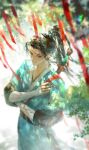  1boy all_wishes_come_true! arm_wrap artist_name bishounen black_hair black_pants black_sash blue_hanfu blurry branch chinese_clothes chinese_commentary closed_mouth commentary_request crossed_arms dappled_sunlight day depth_of_field floating_hair hair_pulled_back hanfu highres holding jian_(weapon) layered_sleeves leaf long_hair long_sleeves lv_dongbin_(all_wishes_come_true!) male_focus miaodalizi outdoors pants ponytail red_ribbon ribbon robe sash shoulder_strap sidelocks smile solo standing sunlight sword sword_on_back sword_tassel tassel tree weapon weapon_on_back weapon_tassel white_background wide_sleeves wind yaopei 