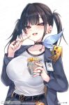  1girl belt black_belt black_bra black_choker black_hair blue_skirt blush bra bra_visible_through_clothes breasts choker collarbone commentary_request fang food french_fries goddess_of_victory:_nikke holding id_card jacket large_breasts looking_at_viewer open_clothes open_jacket open_mouth shirt simple_background skirt solo sora_(nikke) teeth twintails underwear upper_teeth_only white_background white_shirt yamine_kuro 