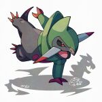  claws colored_skin commentary english_commentary fraxure green_skin grey_skin mistray-art multicolored_skin no_humans numbered open_mouth pokemon pokemon_(creature) red_eyes signature simple_background solo tail two-tone_skin white_background 