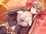  1girl black_thighhighs blue_eyes blush bow bra breasts brown_hair bug butterfly butterfly_tattoo casual cleavage closed_mouth clothes_pull collarbone dutch_angle ferris_wheel game_asset hair_bow hair_intakes jewelry kamei large_breasts lingerie long_hair looking_at_viewer non-web_source official_art open_clothes open_shirt pink_bra plaid_clothes plaid_skirt ribbon ring sakurai_natsuki seisenki_valkyrie_sisters self-datamine shirt shirt_pull sitting skirt solo sunset tattoo thighhighs underwear undressing variant_set very_long_hair visual_novel_cg 