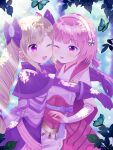  2girls black_bow blonde_hair bow cloak collared_cloak commentary_request commission drill_hair earrings elise_(fire_emblem) fire_emblem fire_emblem_fates hair_bow hairband highres japanese_clothes jewelry long_hair looking_at_another mikoko1 multicolored_hair multiple_girls open_mouth pink_eyes pink_hair purple_eyes purple_hair red_trim sakura_(fire_emblem) skeb_commission smile streaked_hair twin_drills twintails two-sided_cloak two-sided_fabric upper_body white_cloak white_hairband 