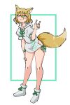  1girl adapted_costume animal_ear_fluff animal_ears avian_zebra bare_legs blonde_hair blush closed_mouth collarbone commentary dot_nose english_commentary fox_ears fox_girl fox_shadow_puppet fox_tail green_ribbon hair_between_eyes hand_on_own_leg hand_up highres hood hood_down hoodie inset_border kudamaki_tsukasa leaning_forward looking_at_viewer no_pants ribbon short_hair short_sleeves simple_background slit_pupils smile socks solo split_mouth standing tail touhou white_background white_hoodie white_socks yellow_eyes 