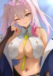 1girl azur_lane bare_shoulders bennington_(azur_lane) breast_curtains breasts closed_mouth commentary_request earrings eyeliner eyewear_on_head green_eyes gyaru heart heart-shaped_eyewear heart_earrings jewelry large_breasts lips long_hair looking_at_viewer makeup navel navel_piercing necktie one_eye_closed piercing pink-tinted_eyewear pink_hair red_eyeliner red_nails red_pupils smile solo stomach sunglasses tan tinted_eyewear two_side_up utagawa_niki yellow_necktie 