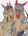  2girls ahoge animal_ears arm_around_neck blue_eyes blue_hairband blue_necktie blush breasts closed_eyes collared_shirt commentary_request ear_covers ear_ornament fang giragira_egao grey_hair grey_tail hair_between_eyes hair_ornament hairband headband highres horse_ears horse_girl horse_tail jacket korean_commentary long_hair long_sleeves multicolored_hair multicolored_hairband multiple_girls necktie oguri_cap_(umamusume) open_mouth pants red_headband red_shirt shirt shoes smile striped_clothes striped_hairband sunglasses tail tamamo_cross_(umamusume) two-tone_hairband umamusume white_jacket white_pants 
