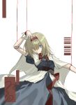  1girl absurdres alice_margatroid blonde_hair blue_dress blue_eyes bow bowtie capelet chinese_commentary commentary_request doll doll_joints dress frilled_hairband frills hair_between_eyes hairband hajimie2333 highres joints looking_at_viewer medium_hair puffy_short_sleeves puffy_sleeves puppet_strings red_bow red_bowtie red_hairband red_pupils short_sleeves solo touhou white_capelet wrist_cuffs 