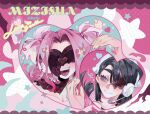  2girls alhyde alien_stage black_hair bow commentary english_commentary food fruit hair_bow headset heart highres long_hair looking_to_the_side microphone mizi_(alien_stage) mizi_(zombie_stage) multiple_girls pairing_name pink_bow pink_hair purple_eyes smile star_(symbol) strawberry sua_(alien_stage) sua_(zombie_stage) zombie_stage 
