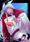  1girl absurdres alternate_costume arm_support black_bow black_nails blush bow casual commentary_request elbow_on_knee grey_hair hair_between_eyes hair_bow highres hololive hololive_dev_is hood hood_down hoodie invisible_chair isaki_riona knee_up long_hair long_sidelocks long_sleeves looking_at_viewer looking_down multicolored_nails nail_polish one_side_up outline outside_border pants punta reclining red_eyes red_hoodie red_nails sidelocks sitting sleeves_past_wrists solo virtual_youtuber white_outline white_pants 