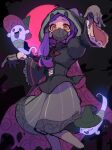  1girl agathe_(brave_spirit)_(puyopuyo) agathe_(puyopuyo) black_cape black_hat black_hood cape closed_eyes commentary_request feet_out_of_frame full_moon ghost gloves grey_gloves grey_skirt halloween hat highres hood hood_up juliet_sleeves lace-trimmed_sleeves lace_trim long_sidelocks long_sleeves looking_at_viewer low-tied_sidelocks mask moon mouth_mask open_mouth orange_eyes outdoors pink_moon puffy_sleeves purple_cape purple_hair purple_hat puyopuyo puyopuyo_quest ringed_eyes short_hair_with_long_locks sidelocks skirt smile solo striped_clothes striped_skirt tongue tongue_out torn_cape torn_clothes two-sided_cape two-sided_fabric two-sided_headwear urolo vertical-striped_clothes vertical-striped_skirt wide_sleeves witch_hat 