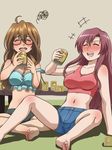  ^_^ ahoge awa barefoot beer_can blush bokura_wa_minna_kawaisou breasts brown_hair can closed_eyes crossover denim denim_shorts drunk glasses leaning_back long_hair maboro_shiki medium_breasts midriff multiple_girls navel nishikino_mayumi purple_eyes purple_hair ryuugajou_nanana_no_maizoukin season_connection semi-rimless_eyewear shorts sitting squiggle strap_slip toes trait_connection under-rim_eyewear 