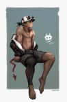  1boy 2019 aqua_background asymmetrical_clothes asymmetrical_horns bandaged_tail bandages barefoot baseball_cap black_jacket black_shorts body_writing character_logo character_name clenched_hand dark-skinned_male dark_skin dated demon_boy demon_horns drawstring feet full_body hat high_ponytail highres homri horns horns_through_headwear jacket jacket_partially_removed jewelry logo looking_afar male_focus navel necklace nipples original outside_border ponytail red_eyes red_tail scar scar_on_face short_hair short_ponytail shorts single_pantsleg sitting solo spiked_hair spiked_tail tail tied_drawstring tooth_necklace two-tone_background 