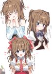  1girl :d ^_^ bare_shoulders berry's black_ribbon blonde_hair blue_bow blue_bowtie blue_eyes blush bow bowtie breasts brocon brown_hair buttons closed_eyes collared_shirt commentary_request cropped_torso double-breasted dress_shirt hair_bow hair_ribbon hands_on_own_cheeks hands_on_own_face hands_up happy heart heart_in_mouth houkou_yuuka index_fingers_together long_sleeves looking_at_viewer medium_breasts medium_hair multiple_views necktie oekaki off-shoulder_shirt off_shoulder open_mouth outline paint_chat_(medium) pink_necktie puffy_short_sleeves puffy_sleeves red_bow red_ribbon ribbon ribbon-trimmed_sleeves ribbon_trim school_uniform shirt short_sleeves shy sidelocks simple_background smile spaghetti_strap takepoison translation_request two_side_up upper_body white_background white_outline white_shirt 
