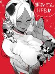  3girls animal_ears ao_dai breasts chibi closed_mouth commentary_request dark-skinned_female dark_skin dress from_above greyscale happy_birthday highres iu15236376 mole mole_under_mouth monochrome mouse_ears mouse_girl mouse_tail multiple_girls open_mouth original pants parted_bangs partially_colored red_background side_slit simple_background smile tail white_dress white_hair white_pants 