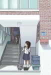 1girl backpack bag black_shoes blue_skirt building commentary_request creature expressionless full_body highres icecream_juba korean_commentary medium_hair original pleated_skirt profile shirt shoes skirt solo stairs standing turning_head white_shirt window 