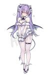  1girl absurdres adoptable bare_shoulders black_bow black_eyes blush bow breasts cleavage closed_mouth commentary demon_girl demon_horns demon_tail demon_wings ear_piercing english_commentary eyelashes footwear_bow full_body hair_bow hair_intakes high_heels highres horns leotard miclipse multiple_hair_bows neckerchief original pantyhose piercing pointy_ears pout puff_of_air purple_neckerchief shoes simple_background small_horns solo tail thigh_strap watermark white_background white_bow white_leotard white_pantyhose white_shoes wings 