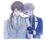  2boys amano_mashiro arm_hug black_shirt blue_gloves blue_jacket blue_necktie blush closed_eyes collared_shirt commentary_request dress_shirt esse_series eyepatch formal_clothes gloves griffin_stewart heart jacket lapels looking_at_viewer male_focus multiple_boys necktie oshi_no_taisetsuna_hito_ni_narikawaru paint_chat_(medium) ponytail shirt simple_background smile sugokusukinanda suit swept_bangs upper_body white_background white_shirt 