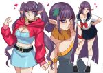  1girl ajeng_(mawaridi) alternate_costume alternate_hairstyle animal belt belt_buckle black_belt black_choker black_shoes blue_dress blue_sailor_collar blue_skirt breasts buckle choker cleavage commentary cropped_jacket dress earrings elf english_commentary frog frog_on_head highres hood hood_down hooded_jacket jacket jewelry kodok_(mawaridi) long_hair long_sleeves looking_at_viewer mawaridi medium_breasts original pleated_skirt pointy_ears purple_hair red_jacket sailor_collar school_uniform shirt shoes short_sleeves simple_background skirt socks strapless strapless_dress twintails very_long_hair white_background white_shirt white_socks 