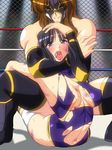  2girls asphyxiation bare_shoulders black_hair blush boots breasts brown_hair bruise cage choking dark_star_chaos erect_nipples injury knee_pads leotard long_hair mask medium_breasts minami_toshimi multiple_girls navel noppo-san open_mouth purple_eyes saliva smile submission sweat tears tongue tongue_out torn_clothes wrestle_angels wrestling wrestling_outfit wrestling_ring 