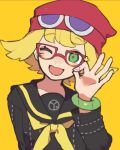  1girl :d ;d amitie_(puyopuyo) beanie black_sailor_collar black_shirt blonde_hair bracelet commentary_request flipped_hair green_eyes hand_up hat head_tilt highres jewelry looking_at_viewer neckerchief ok_sign one_eye_closed open_mouth persona persona_4 puyopuyo puyopuyo_quest red-framed_eyewear red_hat sailor_collar school_uniform shirt short_hair simple_background smile solo upper_body urolo yasogami_school_uniform yellow_background yellow_neckerchief 