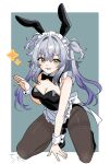  1girl :3 :d absurdres alternate_costume animal_ears apron aqua_background back_bow between_legs black_bow black_bowtie black_leotard black_pantyhose black_shoes border bow bowtie breasts cleavage commentary_request crosspuzzle detached_collar dimension_totsu_lovers!! fake_animal_ears frilled_apron frills full_body gradient_hair grey_hair hair_between_eyes hair_intakes hand_between_own_legs hand_up high_heels highleg highleg_leotard highres houzuki_suisen kneeling large_breasts leotard light_blush long_hair looking_at_viewer maid maid_apron maid_headdress multicolored_hair open_mouth outside_border pantyhose playboy_bunny purple_hair rabbit_ears shoes sidelocks signature simple_background smile smug solo sparkle strapless strapless_leotard thighband_pantyhose thighs twintails two_side_up v-shaped_eyebrows very_long_hair white_apron white_border white_bow white_wrist_cuffs wrist_cuffs yellow_eyes 