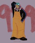  ._. 1boy aqua_hat arm_behind_head arm_up artist_name beanie black_shirt black_shoes closed_mouth collared_shirt commentary english_commentary full_body grey_background hand_in_pocket hat highres kyokugen_dasshutsu kyokugen_dasshutsu:_9_jikan_9_nin_9_no_tobira male_focus mature_male overalls scar scar_on_cheek scar_on_face seven_(kyokugen_dasshutsu) shirt shoes short_hair solo twistedmind69xx yellow_overalls 