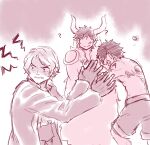  3boys ? arm_tattoo ascot back_tattoo caydeus coat commentary fake_horns gloves hiding horns monkey_d._luffy monochrome multiple_boys one_piece portgas_d._ace sabo_(one_piece) scar scar_on_face short_hair shorts squiggle tattoo 