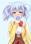  1girl absurdres amairo_islenauts blue_background blue_eyes blue_hair blue_outline blunt_bangs blush bow bowtie butterfly_hair_ornament cardigan cellphone collared_shirt commentary_request covered_mouth covering_own_mouth cowboy_shot dress_shirt fen_cichlid_girls_academy_school_uniform hair_ornament hair_ribbon half-closed_eyes hand_up highres holding holding_phone long_sleeves looking_at_phone medium_hair nose_blush open_cardigan open_clothes outline phone red_bow red_bowtie red_skirt ribbon school_uniform shiraga_airi shirt shirt_tucked_in shrimp_3 sidelocks simple_background skirt smartphone solo standing twintails underbust white_ribbon white_shirt yellow_cardigan 