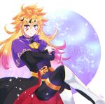  1boy black_cape black_pants black_shirt blonde_hair boots cape closed_mouth commentary_request crossed_bangs crossed_legs dated facial_mark gradient_hair long_hair looking_at_viewer male_focus multicolored_hair pants purple_eyes purple_hair s_ebi shirt two-tone_hair very_long_hair white_boots yu-gi-oh! yu-gi-oh!_go_rush!! zuwijo_zir_velgear 
