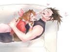  +++ 1boy 1girl 7_(milu577610) aerith_gainsborough bangle bare_arms bare_shoulders black_hair blush bracelet braid braided_ponytail brown_hair commentary_request couch couple cowboy_shot cross_scar dress facing_another final_fantasy final_fantasy_vii final_fantasy_vii_remake finger_to_another's_nose from_side hair_ribbon heart hetero highres jacket jewelry long_hair lying lying_on_person motion_lines on_back on_couch on_stomach open_mouth pink_dress pink_ribbon ponytail profile red_jacket ribbed_sweater ribbon scar scar_on_cheek scar_on_face short_hair sleeveless sleeveless_turtleneck smile sweater turtleneck turtleneck_sweater zack_fair 