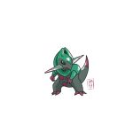  black_sclera claws colored_sclera colored_skin fraxure green_skin grey_skin multicolored_skin no_humans pokemon pokemon_(creature) red_eyes simple_background solo tail teenghoulsquad two-tone_skin white_background 
