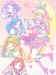  5girls :d aida_mana arm_warmers blonde_hair blue_eyes blue_hair boots bow bracelet brown_eyes brown_hair choker cure_ace cure_diamond cure_heart cure_rosetta cure_sword diamond_(shape) dokidoki!_precure dress dress_bow earrings flower green_choker hair_flower hair_ornament heart heart_earrings heart_hands highres hishikawa_rikka jewelry kenzaki_makoto knee_boots ku_(kuooss) long_hair madoka_aguri magical_girl multiple_girls pink_arm_warmers pink_background pink_boots pink_bow pink_choker pink_dress pink_eyes ponytail precure purple_choker purple_eyes purple_hair red_eyes red_hair smile spade_(shape) spade_hair_ornament steepled_fingers very_long_hair white_dress yotsuba_alice 